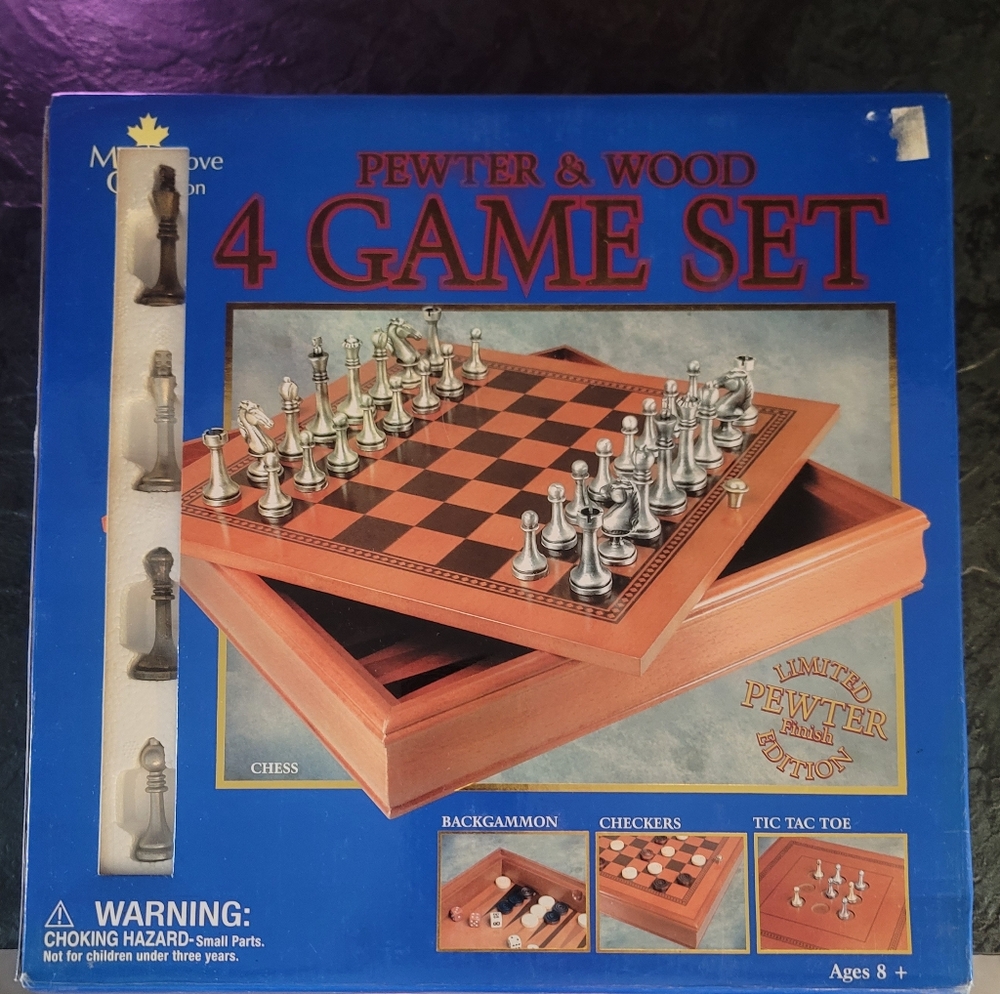 NIB. PEWTER & WOOD 4 GAME SET
